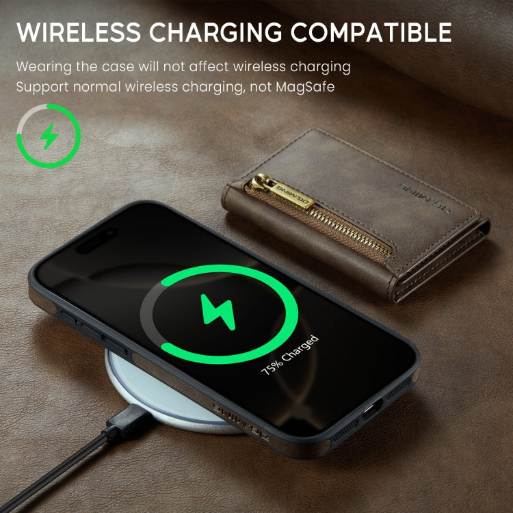 For iPhone 16 Pro DG.MING M5 Series Zip RFID Multi Card Detachable Leather Phone Case(Coffee)