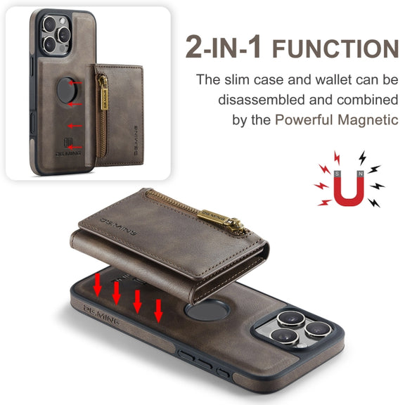 For iPhone 16 Pro DG.MING M5 Series Zip RFID Multi Card Detachable Leather Phone Case(Coffee)