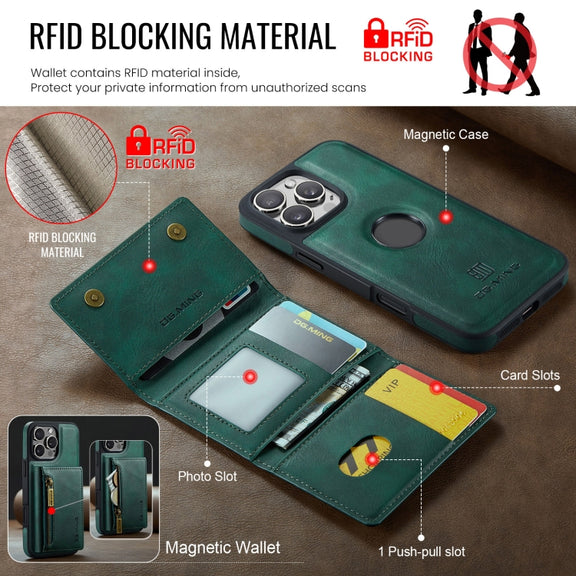 For iPhone 16 Pro DG.MING M5 Series Zip RFID Multi Card Detachable Leather Phone Case(Green)