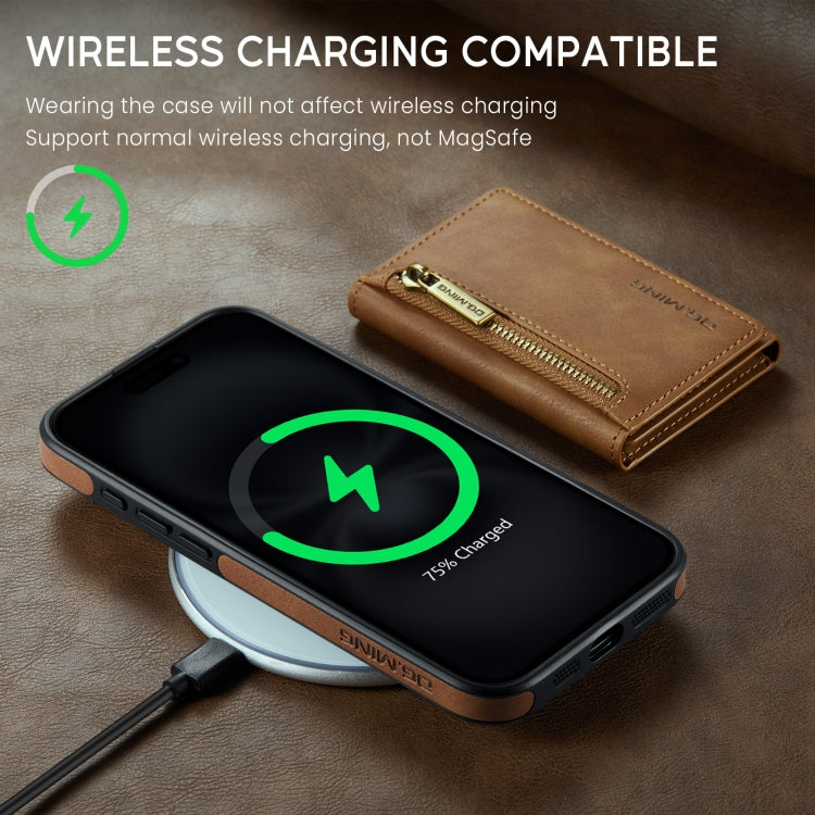 For iPhone 16 Plus DG.MING M5 Series Zip RFID Multi Card Detachable Leather Phone Case(Brown)