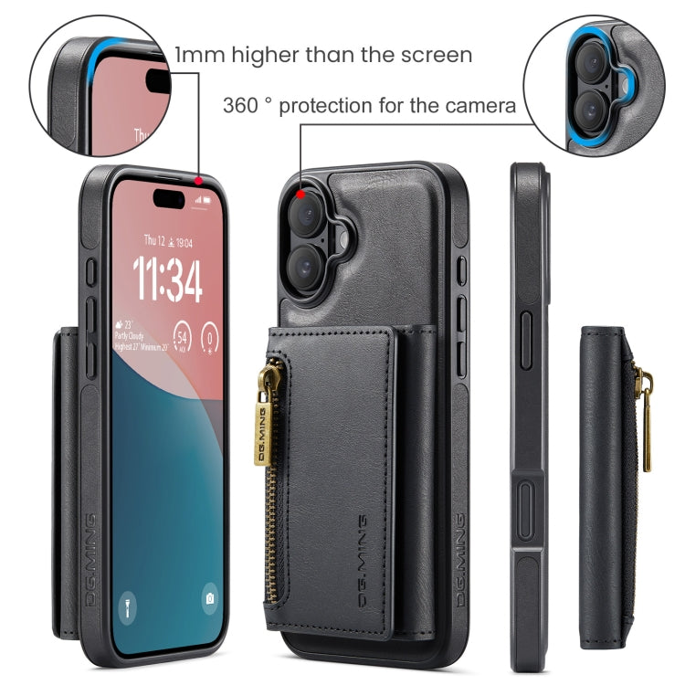 For iPhone 16 DG.MING M5 Series Zip RFID Multi Card Detachable Leather Phone Case(Black)
