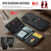 For iPhone 16 DG.MING M5 Series Zip RFID Multi Card Detachable Leather Phone Case(Black)