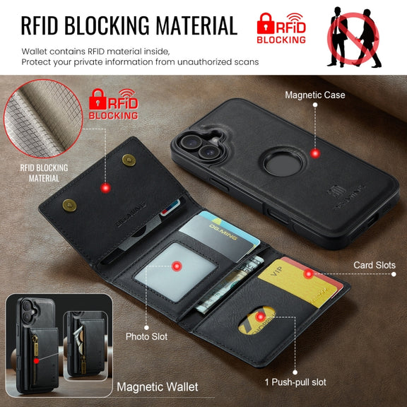 For iPhone 16 DG.MING M5 Series Zip RFID Multi Card Detachable Leather Phone Case(Black)