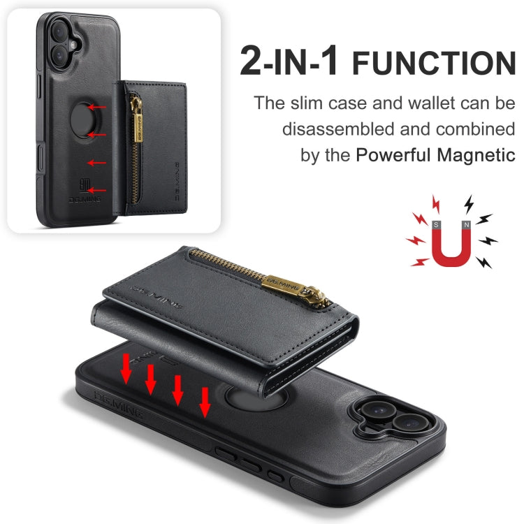 For iPhone 16 DG.MING M5 Series Zip RFID Multi Card Detachable Leather Phone Case(Black)