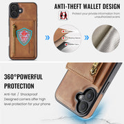 For iPhone 16 DG.MING M5 Series Zip RFID Multi Card Detachable Leather Phone Case(Brown)