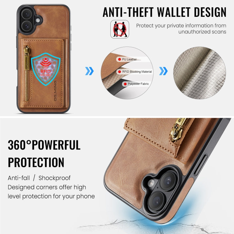 For iPhone 16 DG.MING M5 Series Zip RFID Multi Card Detachable Leather Phone Case(Brown)