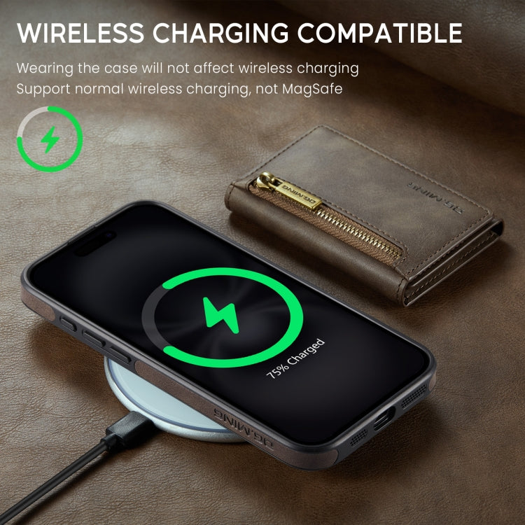 For iPhone 16 DG.MING M5 Series Zip RFID Multi Card Detachable Leather Phone Case(Coffee)