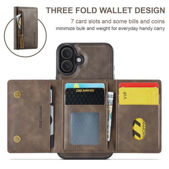 For iPhone 16 DG.MING M5 Series Zip RFID Multi Card Detachable Leather Phone Case(Coffee)