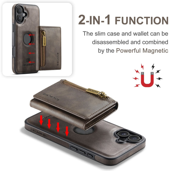 For iPhone 16 DG.MING M5 Series Zip RFID Multi Card Detachable Leather Phone Case(Coffee)