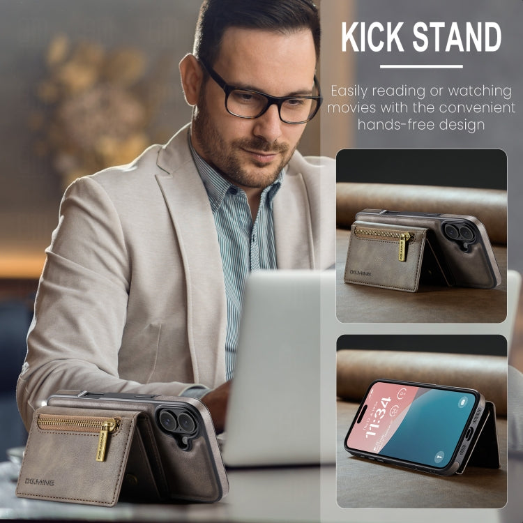 For iPhone 16 DG.MING M5 Series Zip RFID Multi Card Detachable Leather Phone Case(Coffee)