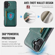 For iPhone 16 DG.MING M5 Series Zip RFID Multi Card Detachable Leather Phone Case(Green)