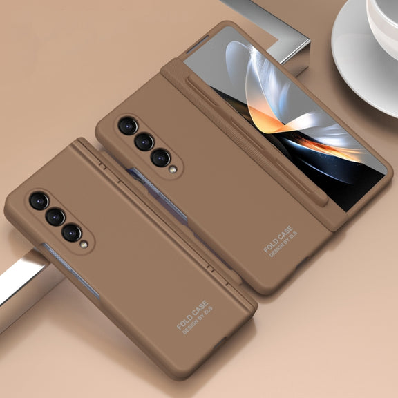 For Samsung Galaxy Z Fold4 5G Extraordinary Series Hinged Folding Full Phone Case with Pen Slot & Stylus(Coffee)