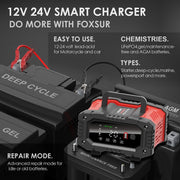 FOXSUR 12V / 24V 20A 300W Portable Motorcycle Car Smart Battery Charger(UK Plug)