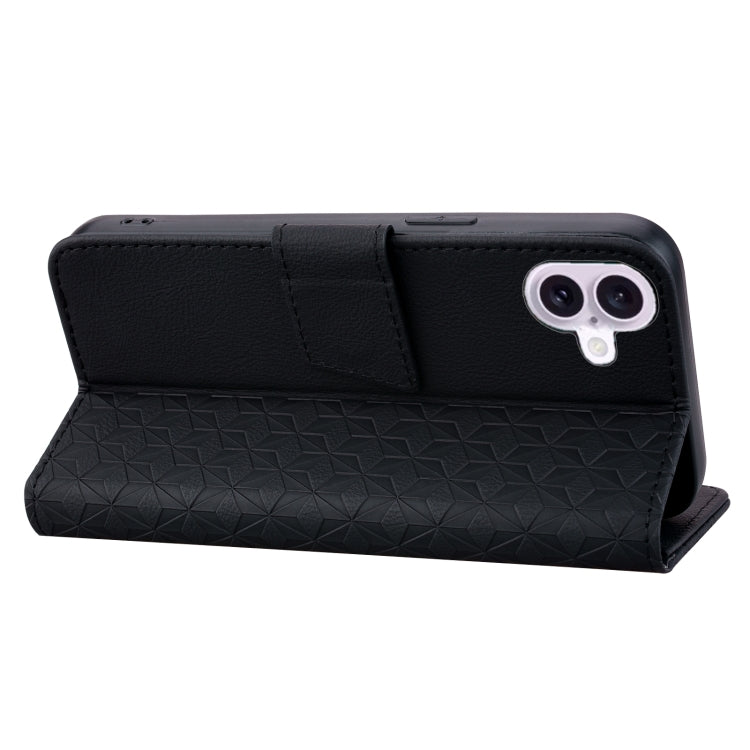 For iPhone 16 Business Diamond Buckle Leather Phone Case with Lanyard(Black)