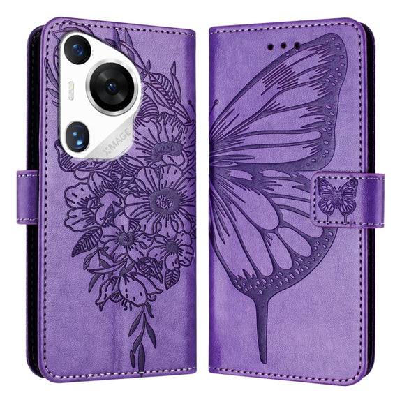 For Huawei Pura 70 Pro Embossed Butterfly Leather Phone Case(Purple)