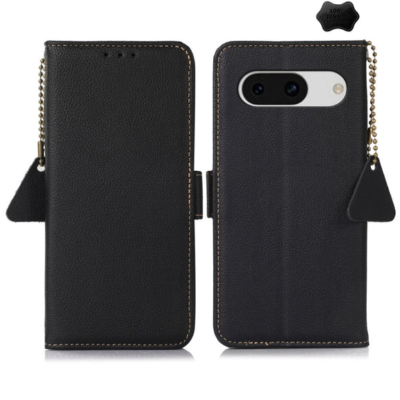 For Google Pixel 8A Side-Magnetic TJ Genuine Leather RFID Phone Case(Black)