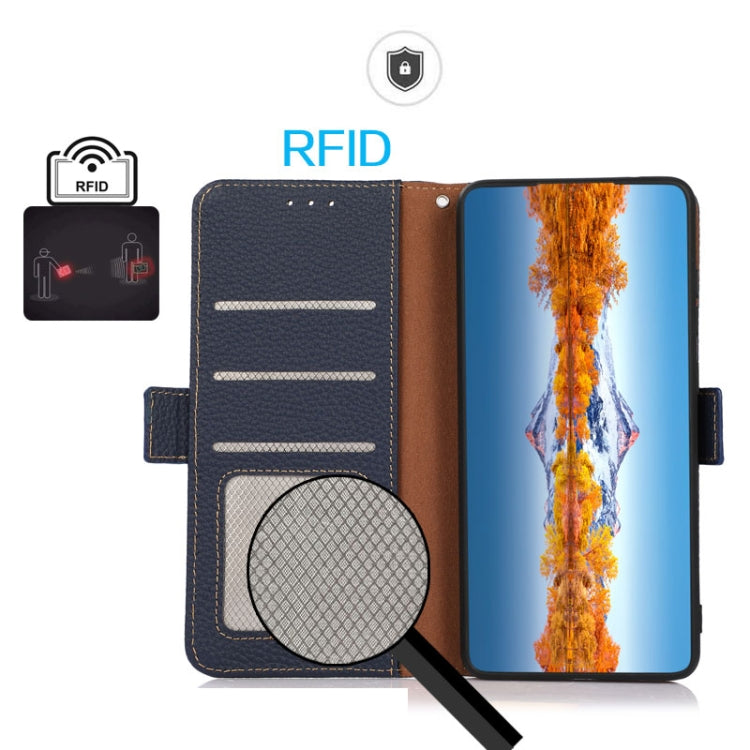 For Google Pixel 8a KHAZNEH Side-Magnetic Litchi Genuine Leather RFID Phone Case(Blue) - Google Cases by PMC Jewellery | Online Shopping South Africa | PMC Jewellery | Buy Now Pay Later Mobicred