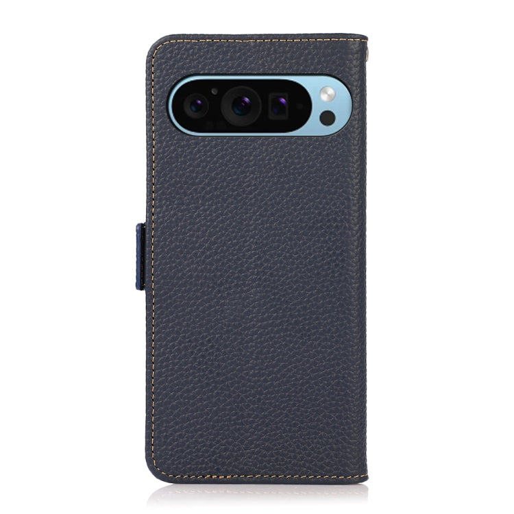 For Google Pixel 9 KHAZNEH Side-Magnetic Litchi Genuine Leather RFID Phone Case(Blue) - Google Cases by PMC TechLife | Online Shopping South Africa | PMC TechLife | Buy Now Pay Later Mobicred