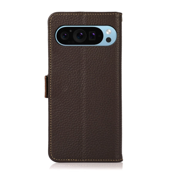 For Google Pixel 9 KHAZNEH Side-Magnetic Litchi Genuine Leather RFID Phone Case(Brown)