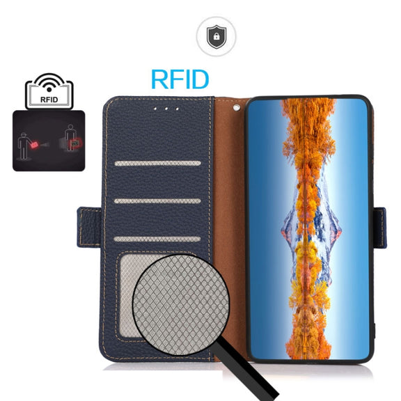 For Google Pixel 9a KHAZNEH Side-Magnetic Litchi Genuine Leather RFID Phone Case(Blue)