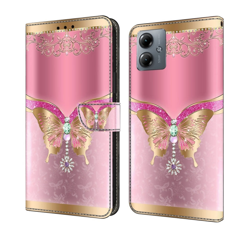 For Motorola Moto G14 Crystal 3D Shockproof Protective Leather Phone Case(Pink Bottom Butterfly) - Motorola Cases by PMC TechLife | Online Shopping South Africa | PMC TechLife | Buy Now Pay Later Mobicred