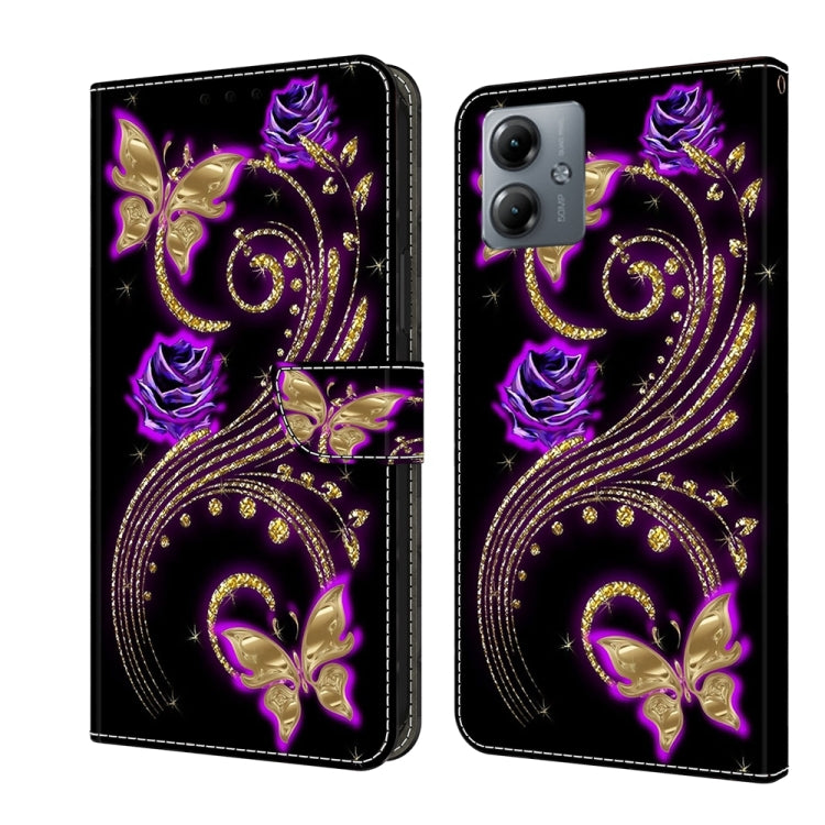For Motorola Moto G14 Crystal 3D Shockproof Protective Leather Phone Case(Purple Flower Butterfly) - Motorola Cases by PMC TechLife | Online Shopping South Africa | PMC TechLife | Buy Now Pay Later Mobicred