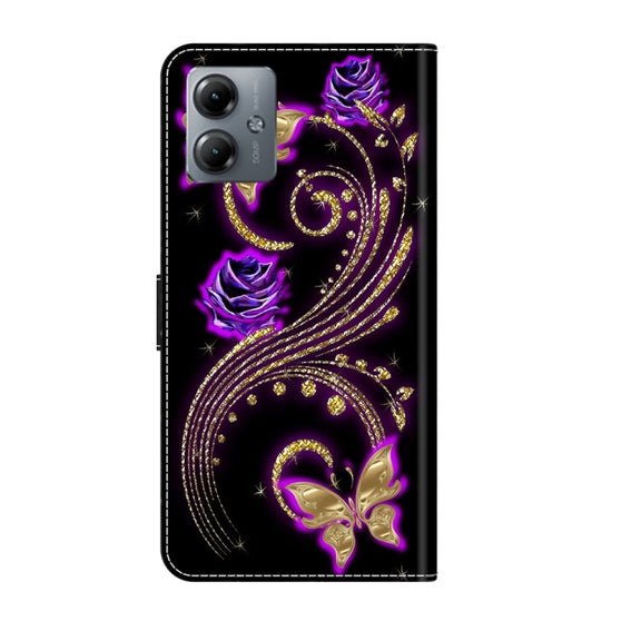 For Motorola Moto G14 Crystal 3D Shockproof Protective Leather Phone Case(Purple Flower Butterfly)