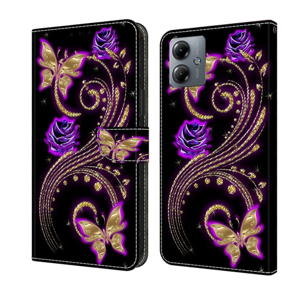 For Motorola Moto G14 Crystal 3D Shockproof Protective Leather Phone Case(Purple Flower Butterfly)