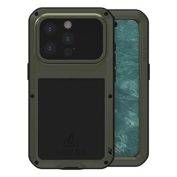 For iPhone 15 Pro LOVE MEI Metal Shockproof Life Water-resistant Dustproof Phone Case(Army Green)