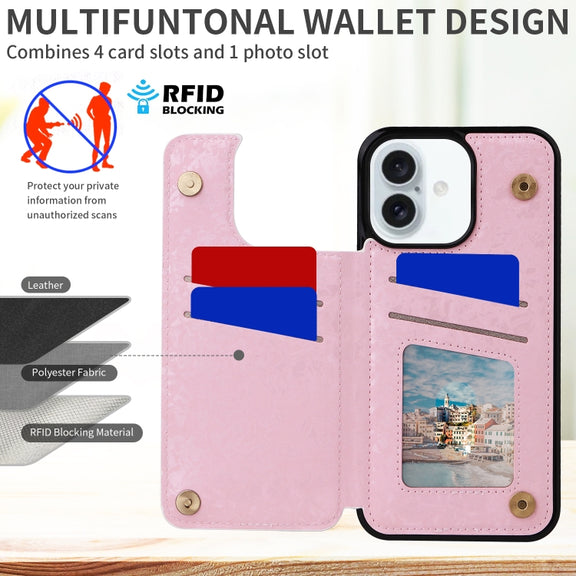 For iPhone 16 Plus Printed Double Buckle RFID Anti-theft Phone Case(Dried Flower World)