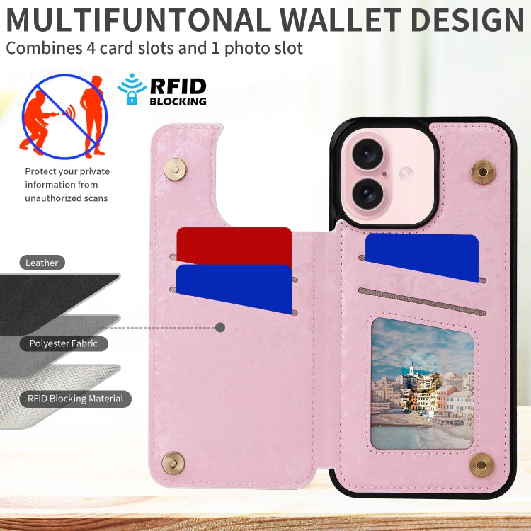 For iPhone 16 Printed Double Buckle RFID Anti-theft Phone Case(Pastoral Rose)