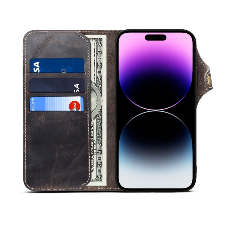 For iPhone 15 Pro Max Denior Oil Wax Cowhide Magnetic Button Genuine Leather Case(Black)