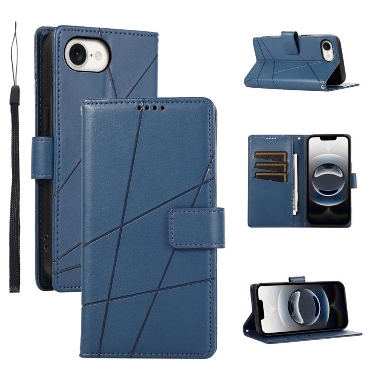 For iPhone 16e PU Genuine Leather Texture Embossed Line Phone Case(Blue) - iPhone 16e Cases by PMC TechLife | Online Shopping South Africa | PMC TechLife | Buy Now Pay Later Mobicred
