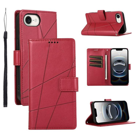 For iPhone 16e PU Genuine Leather Texture Embossed Line Phone Case(Red)