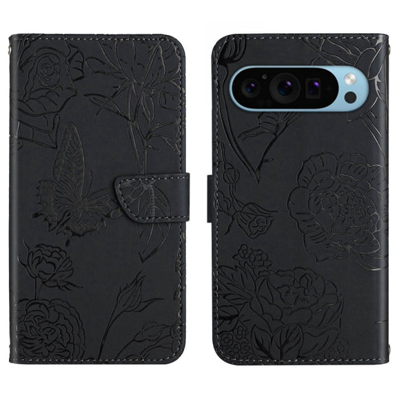 For Google Pixel 9 Pro Skin Feel Butterfly Embossed Flip Leather Phone Case(Black)