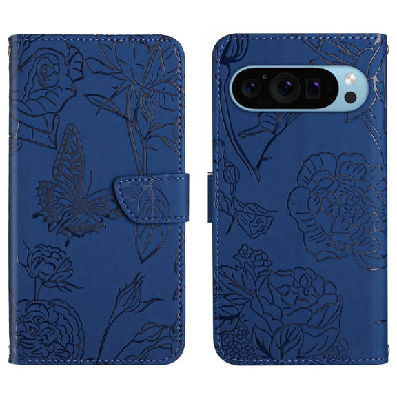 For Google Pixel 9 Pro Skin Feel Butterfly Embossed Flip Leather Phone Case(Blue)