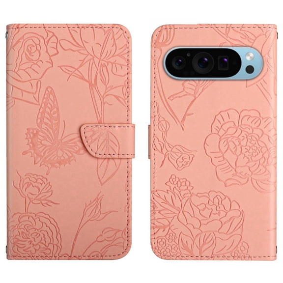 For Google Pixel 9 Pro Skin Feel Butterfly Embossed Flip Leather Phone Case(Pink)