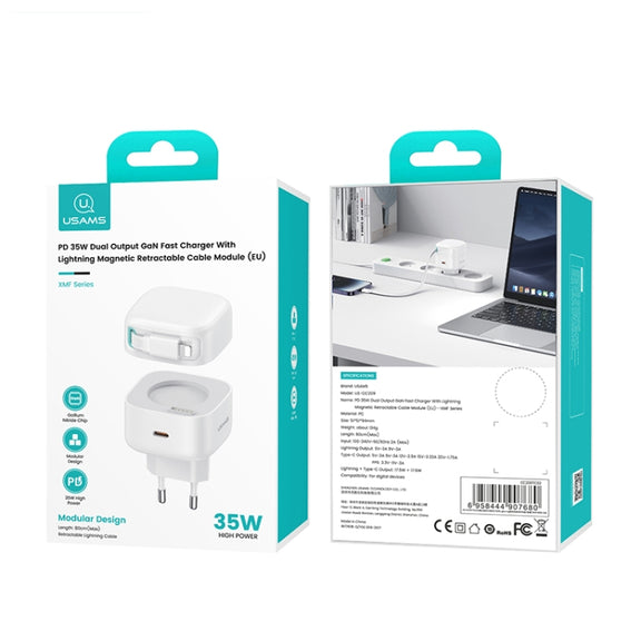 USAMS US-CC209 SMF Series PD35W 8 Pin + Type-C Dual Port GaN Fast Charger, EU Plug(Black)