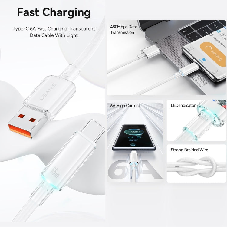 USAMS USB To Type-C 6A Aluminum Alloy Clear LED Fast Charge Data Cable, Length: 1.2m(Black)