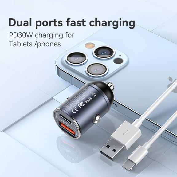 USAMS US-CC206 C38 PD30W USB + Type-C Dual Port Fast Charging Aluminum Alloy Car Charger(Tarnish)
