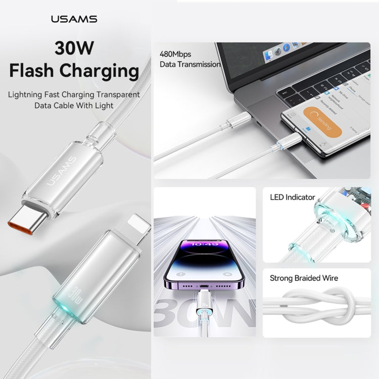 USAMS Type-C To 8 Pin Aluminum Alloy Clear LED 30W PD Fast Charge Data Cable, Length:1.2m(Black)