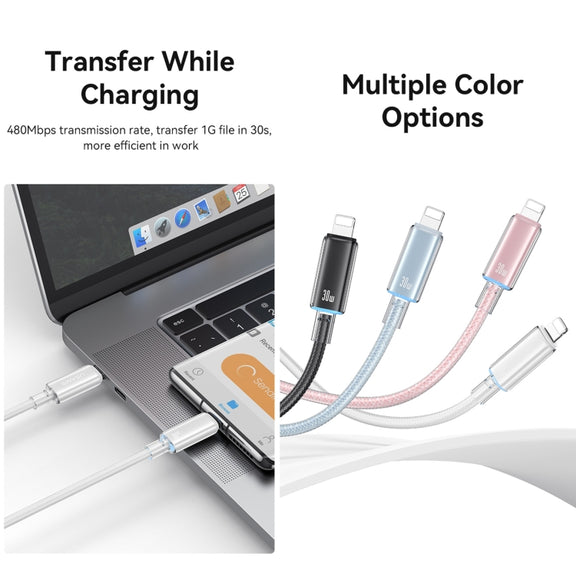 USAMS Type-C To 8 Pin Aluminum Alloy Clear LED 30W PD Fast Charge Data Cable, Length:1.2m(Black)