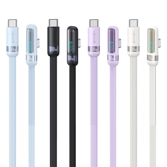 USAMS US-SJ653 PD 100W USB-C/Type-C to USB-C/Type-C Aluminum Alloy Digital Display Fast Charging Elbow Data Cable, Length: 1.2m(Blue)
