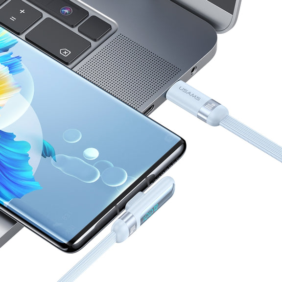 USAMS US-SJ653 PD 100W USB-C/Type-C to USB-C/Type-C Aluminum Alloy Digital Display Fast Charging Elbow Data Cable, Length: 1.2m(Blue)