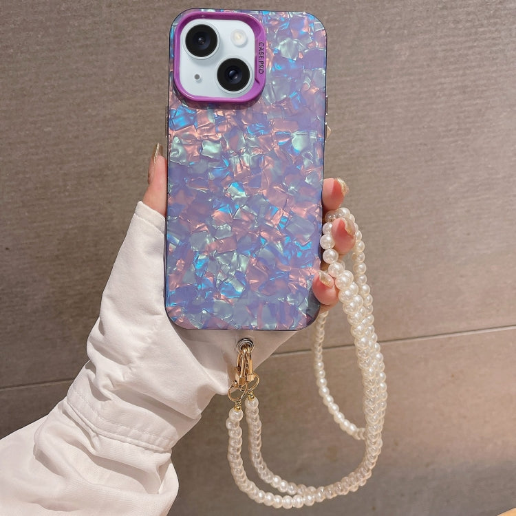 For iPhone 14 Shell Texture Crossbody Pearl Chain TPU Hybrid Acrylic Phone Case(Purple) - iPhone 14 Cases by PMC TechLife | Online Shopping South Africa | PMC TechLife | Buy Now Pay Later Mobicred