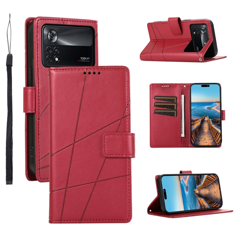 For Xiaomi Poco X4 Pro 5G PU Genuine Leather Texture Embossed Line Phone Case(Red) - Xiaomi Cases by PMC TechLife | Online Shopping South Africa | PMC TechLife | Buy Now Pay Later Mobicred