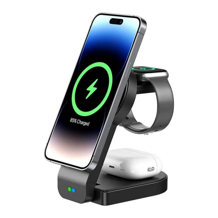 B-23 3 in 1 Foldable Magnetic Wireless Charger Phone Holder, Plug:EU Plug(Black) - Wireless Charger by PMC TechLife | Online Shopping South Africa | PMC TechLife