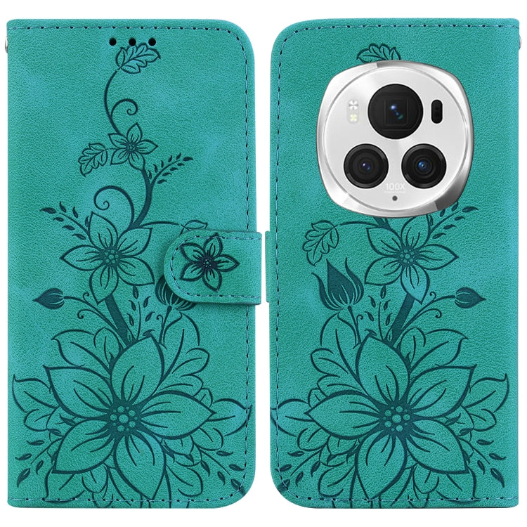 For Honor Magic6 Pro Lily Embossed Leather Phone Case(Green) - Honor Cases by PMC Jewellery | Online Shopping South Africa | PMC Jewellery | Buy Now Pay Later Mobicred