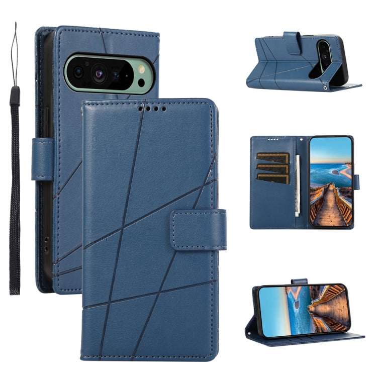 For Google Pixel 9 PU Genuine Leather Texture Embossed Line Phone Case(Blue) - Google Cases by PMC TechLife | Online Shopping South Africa | PMC TechLife | Buy Now Pay Later Mobicred