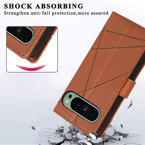 For Google Pixel 9 PU Genuine Leather Texture Embossed Line Phone Case(Brown)